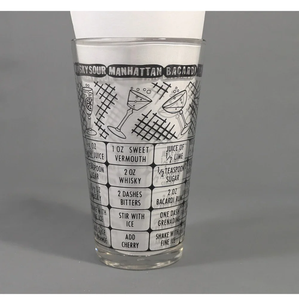 Vintage Cocktail Shaker Glass Black Recipe Print Mid Century Barware 12oz